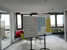 In einem Workshopraum stehen zwei Flipcharts mit dem BarCamp Programm, im Hintergrund ist eine Sitzgruppe