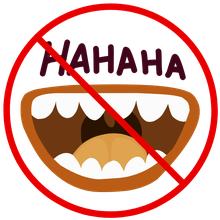 Humor verboten symbolisiert durch einen lachenden Mund, der durchgestrichen ist, wie bei einem Straßenschild