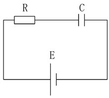 電源と抵抗とコンデンサを繋いだ電気回路図です。