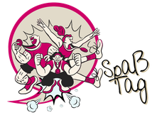 Comic-Illustration von drei sportlichen Figuren mit Medaillen in Siegerpose, daneben die Aufschrift ‚Spaß Tag‘ – Symbol für den Team Booster in der 1Tages Variante.