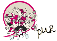Comic-Illustration von drei sportlichen Figuren mit Medaillen in Siegerpose, daneben die Aufschrift ‚pur‘ – Symbol für den Team Booster mit 2 Tages Variante ohne Show.“