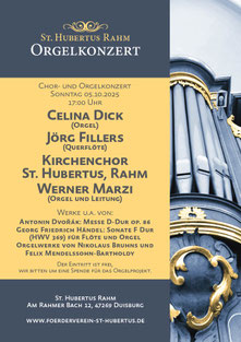 Chor- und Orgelkonzert, Sonntag, 05.10.2025, 17 Uhr, Kirche St. Hubertus, Duisburg-Rahm