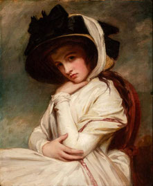 Portrait painting of Emma Hamilton in white dress and hat