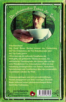 Back cover of the book „Das heiße Teegebuch des Teeologen Thommi Baake“ showing illustrations and text from the Flunkergeschichten and Flunker Teelexikon  