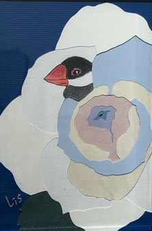 Lis 「バラと文鳥」 ¥4,400 彫紙アート 110㎜×115㎜(内寸75㎜×120㎜)