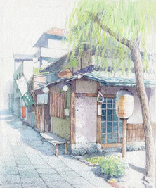 水彩画「柳の下（鎌倉）」福井良佑  Watercolor by Ryoyu