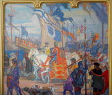 Fresque de Jeanne Thil (salle d'honneur), représentant la rencontre des rois Henri VII d'Angleterre et Charles VIII de France dans le port d'Etaples, pour convenir de la fin de la guerre de cent ans