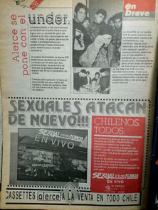 “Alerce se pone con el under” y “Sexuales atacan de nuevo!!!”, publicado en El Carrete, n° 31, enero a febrero de 1993, p. 38.