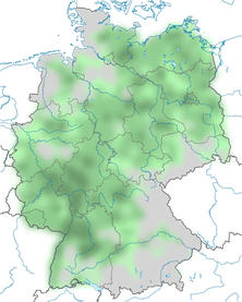 Karte zur Verbreitung des Mittelspechtes in Deutschland (Stand 2010).