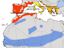 Karte zur Verbreitung der Balkan-Bartgrasmücke (Curruca cantillans) weltweit. 