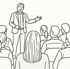 Seminargrafik. Dozent mit Teilnehmer:innen