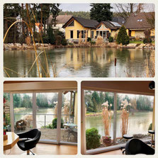 Friseursalon Zeit fürs Haar in Zirndorf / Weiherhof – Außenansicht am Weiher und heller Innenraum mit Blick nach draußen