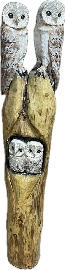 Kettensägenschnitzerei, beeindruckende Kettensägen-Skulptur einer detaillierten Eule von Jessica Hilleke, geschnitzt aus Holz. Stunning chainsaw carving of an owl sculpture by Jessica Hilleke, hand-carved wood art