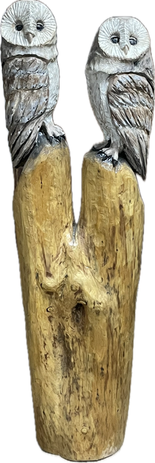 Beeindruckende Kettensägen-Skulptur einer detaillierten Eule von Jessica Hilleke, geschnitzt aus Holz. Stunning chainsaw carving of an owl sculpture by Jessica Hilleke, hand-carved wood art