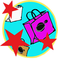 Bonuskarte, mit drei Einkaufstaschen, Farben: Hellblauiist der Hintergrund, eine Weiß, Pink und braune Einkaufstasche mit dem PostkartArt-Logo © Ellen Habenicht