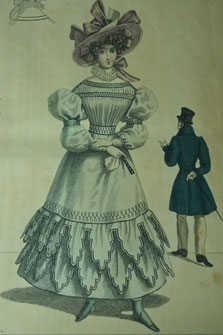Copperplate print of lady in dress and large-brimmed hat, Leipziger Modenzeitung, September 1828