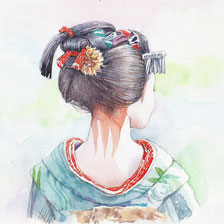 水彩画「涼風」夏着物の舞妓、福井良佑  Watercolor by Ryoyu