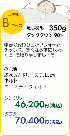 羽毛リフォームB　お手軽コース　足し羽毛350ｇ　シングル44,000円