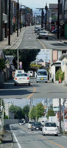 上、中：旧街道、下：電車軌道跡