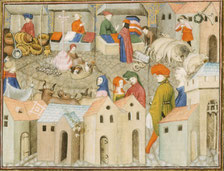 Scène de foire. Miniature extraite du Chevalier errant de Thomas de Saluces, Paris vers 1403 - 1404 (BNF, ms.12559, f° 167). Temple de Paris