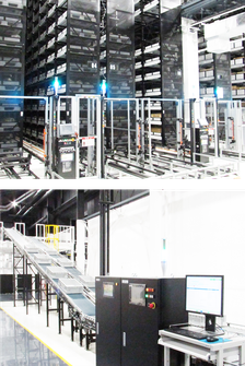 最新の自動化システムを導入したグローバルパーツセンター（上）は自動ラック倉庫