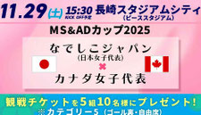 なでしこジャパン MS&ADカップ2025 長崎ピーススタジアム 観戦チケットプレゼント