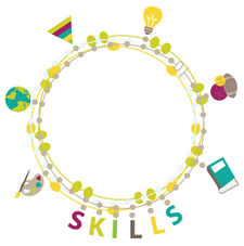 Skills development logo: paint palette, globe, rainbow triangle, light bulb, atom, book, and the word SKILLS on a cirlce