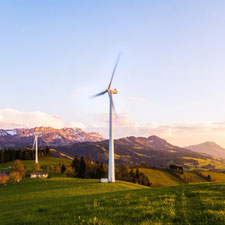 Ein Windkraftwerk in der Morgensonne