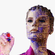 Grafik: Eine Frau, deren Haut wie eine Computerplatine aussieht.
