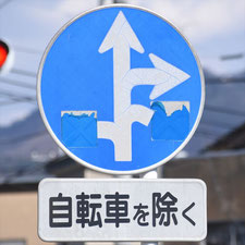 異形矢印標識(指定方向外進行禁止)。群馬県桐生市にある。