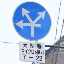 異形矢印標識(指定方向外進行禁止)。広島県呉市にある。