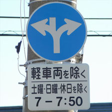 異形矢印標識(指定方向外進行禁止)。静岡県富士宮市にある。