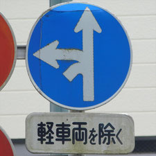 異形矢印標識(指定方向外進行禁止)。静岡県三島市にある。