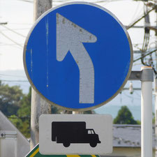 異形矢印標識(指定方向外進行禁止)。静岡県西伊豆町にある。