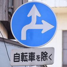 異形矢印標識(指定方向外進行禁止)。群馬県桐生市にある。