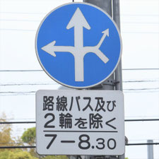 異形矢印標識(指定方向外進行禁止)。岡山県笠岡市にある。