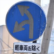 異形矢印標識(指定方向外進行禁止)。静岡県伊東市にある。