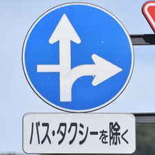 異形矢印標識(指定方向外進行禁止)。岡山県笠岡市にある。