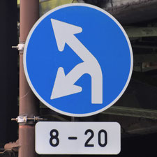 異形矢印標識(指定方向外進行禁止)。東京都千代田区にある。