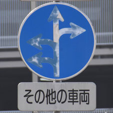 異形矢印標識(指定方向外進行禁止)。茨城県つくば市にある。
