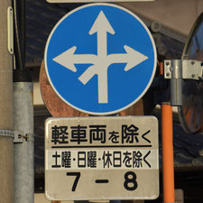 異形矢印標識(指定方向外進行禁止)。静岡県藤枝市にある。