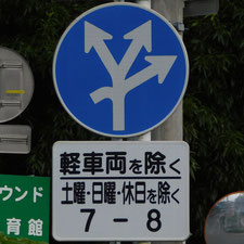 異形矢印標識(指定方向外進行禁止)。静岡県清水町にある。
