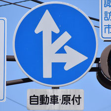 異形矢印標識(指定方向外進行禁止)。長野県諏訪市にある。