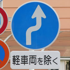 異形矢印標識(指定方向外進行禁止)。静岡県静岡市葵区にある。