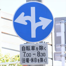 異形矢印標識(指定方向外進行禁止)。広島県広島市にある。
