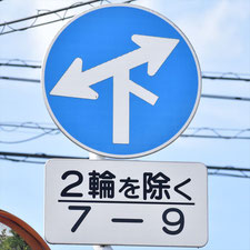 異形矢印標識(指定方向外進行禁止)。岡山県倉敷市にある。