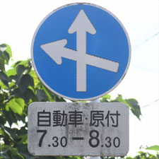 異形矢印標識(指定方向外進行禁止)。熊本県熊本市にある。