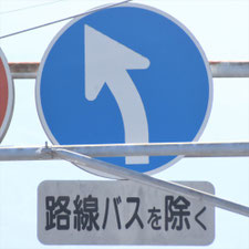 異形矢印標識(指定方向外進行禁止)。静岡県東伊豆町にある。