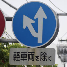 異形矢印標識(指定方向外進行禁止)。静岡県掛川市にある。