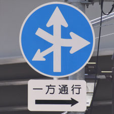異形矢印標識(指定方向外進行禁止)。東京都千代田区にある。